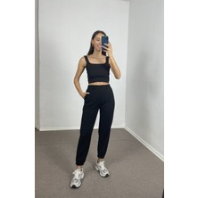 Siyah Yüksek Bel Şardonlu Jogger Eşofman L