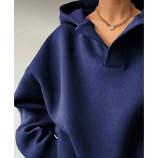 Belabre Oversize Yaka Detaylı Lacivert Kapüşonlu Sweatshirt