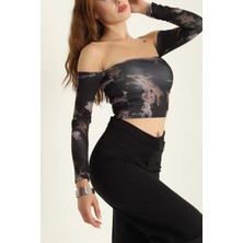 Centeno Desenli Uzun Kollu Straplez Crop Bluz
