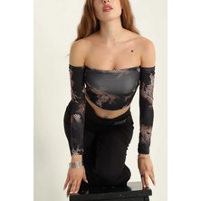 Centeno Desenli Uzun Kollu Straplez Crop Bluz