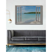 Teona Ahşap Dekoratif Pencere Efektli Deniz Manzarası Ahşap Tablo Şık Yatay Duvar Dekorasyon Tablosu