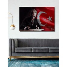 Dekoratif Atatürk ve Türk Bayrağı - Tek Parça Ahşap Tablo Şık Yatay Duvar Dekorasyon Tablosu