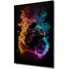 Teona Ahşap Dekoratif Dikey Neon Duman Motosiklet Duvar Tablo Ahşap Dikdörtgen Tablo