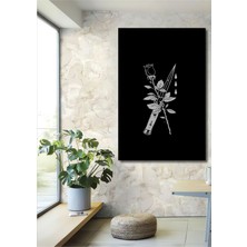 Dekoratif Dikey Bıçak ve Gül Duvar Tablo Ahşap Dikdörtgen Tablo