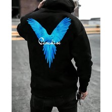 Amor Man Büyük Beden Özel Tasarım Kapüşonlu Paradıse Mavi Sırt Baskılı Modern Erkek Battal Sweatshırt