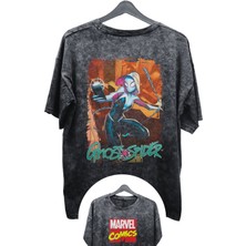 Fuddy Moda Unisex Ghost Spider Baskılı Yıkamalı Tişört, Oversize Marvel Comics Baskılı Vintage T-Shirt