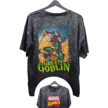 Fuddy Moda Unisex Green Goblin Baskılı Yıkamalı Tişört, Oversize Marvel Comics Baskılı Retro T-Shirt