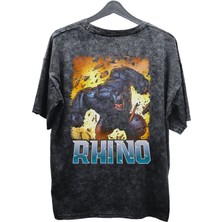 Fuddy Moda Unisex Rhino Baskılı Yıkamalı Tişört, Oversize Marvel Comics Baskılı Retro T-Shirt
