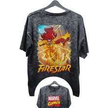 Fuddy Moda Unisex Firestar Baskılı Yıkamalı Tişört, Oversize Marvel Comics Baskılı Eskitme T-Shirt