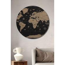 Dekoratif Vintage Dünya Haritası -Ahşap Tablo Şık Yuvarlak Duvar Dekorasyon Tablosu