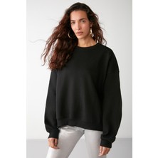 Grimelange Vaneltına Kadın Bisiklet Yaka Içi Polarlı Oversize Fit Basic Siyah Sweatshirt