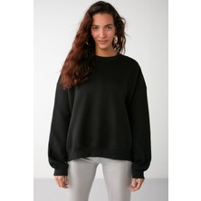 Grimelange Vaneltına Kadın Bisiklet Yaka Içi Polarlı Oversize Fit Basic Siyah Sweatshirt