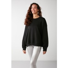 Grimelange Vaneltına Kadın Bisiklet Yaka Içi Polarlı Oversize Fit Basic Siyah Sweatshirt