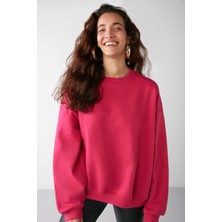 Grimelange Vaneltına Kadın Bisiklet Yaka Içi Polarlı Oversize Fit Basic Pembe Sweatshirt