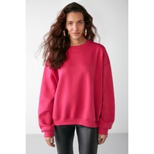 Grimelange Vaneltına Kadın Bisiklet Yaka Içi Polarlı Oversize Fit Basic Pembe Sweatshirt