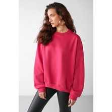 Grimelange Vaneltına Kadın Bisiklet Yaka Içi Polarlı Oversize Fit Basic Pembe Sweatshirt