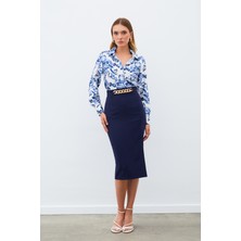 Sateen Zincir Detaylı Kalem Etek - Lacivert