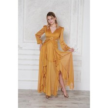 Dip Moda Dipmoda kadın yırtmaçlı sırt detaylı janjan şifon abiye elbise DPSWLL14