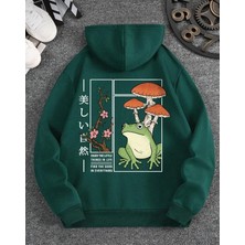 Belabre Oversize Unisex Kurbağa Baskılı Yeşil Kapüşonlu Sweatshirt