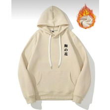 Belabre Oversize Unisex Japon Çiçeği Baskılı Bej Kapüşonlu Sweatshirt