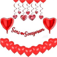 Parti Furyası Sevgiliye Özel Doğum Günü Süsleri Seti (10 Kalp Balon 2 Kalp Folyo Balon 1 Seni Seviyorum Kaligrafi 1 Kalp Tavansüs)