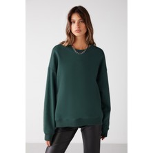 Grimelange Vaneltına Kadın Bisiklet Yaka Içi Polarlı Oversize Fit Basic Koyu Yeşil Sweatshirt