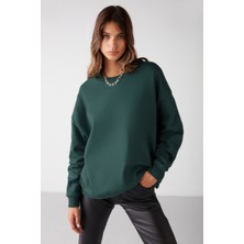 Grimelange Vaneltına Kadın Bisiklet Yaka Içi Polarlı Oversize Fit Basic Koyu Yeşil Sweatshirt