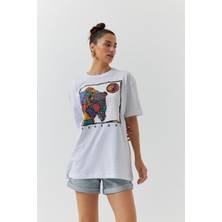 Lonca Baskılı Kısa Kollu Oversize Pamuk Beyaz Kadın Tshirt