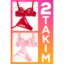 Like Swan Kırmızı ve Pembe Kalp Desenli Balenli Dantelli Transparan Bralet Iç Çamaşırı Takımı