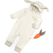 Baby Cosy Organik Pamuklu Çizgili Tavşan Kulaklı Önden Fermuarlı Kız ve Erkek Bebek Tulum