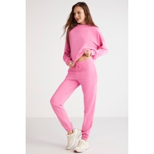 Savannah Kadın İçi Polarsız Bisiklet Yaka Beli ve Paçası Lastikli Comfort Fit Pembe Eşofman Takımı