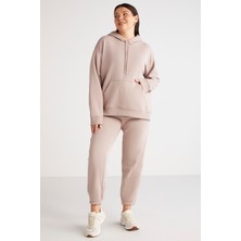 Ethiquet Terezabb Kadın İçi Polarlı Yumuşacık Comfort Fit Kapüşonlu Kanguru Cep Pembe Büyük Beden Sweatshirt