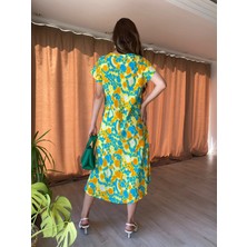 Store By Dilara Midi Boy V Yaka Yeşil Sarı Çıtır Çiçekli Desenli Elbise