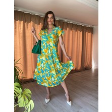 Store By Dilara Midi Boy V Yaka Yeşil Sarı Çıtır Çiçekli Desenli Elbise
