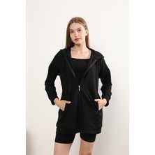 Luqaj Basic Uzun Fermuarlı Kapüşonlu Modest Iki Iplik Likralı Lux Cepli Sweatshirt Tesettür Tunik