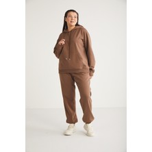 ETHIQUET Lenkabb Kadın Içi Polarlı Comfort Fit Beli Ve Paçası Lastikli Kahverengi Büyük Beden Eşofman Altı