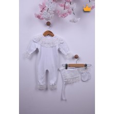 Babyhola %100 Pamuk Kız Bebek Şapkalı Eldivenli Güpürlü Bayramlık Şık Tulum 3658