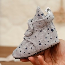 Ella Bonna Organik Pamuk Bebek Pandufu, Kaydırmaz Taban, Yenidoğan Patiği, Ev Kreş Ayakkabısı, Yıldızlı Gri