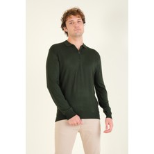 Erkek Yarım Fermuarlı Polo Yaka Kazak Yeşil