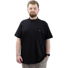 ModeXL Büyük Beden Erkek Düğmeli Hakim Yaka Tişört Siyah Oversize Günlük Stil Kısa Kol