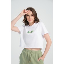 Jimback Crop Pine Forest %100 Pamuk Nakışlı T-Shirt Beyaz