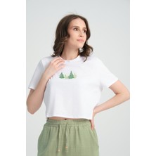 Jimback Crop Pine Forest %100 Pamuk Nakışlı T-Shirt Beyaz