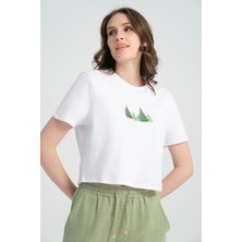 Jimback Crop Pine Forest %100 Pamuk Nakışlı T-Shirt Beyaz