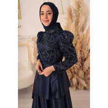 Moda Martı Yıldız Abiye Taş Detaylı Katlı Model Tesettür Abiye (KD0018085)