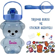 Nidage Pipetli Taşıma Askılı Gülümseyen Ayıcık Matara 1,5 Litre Sticker Hediyeli Mavi