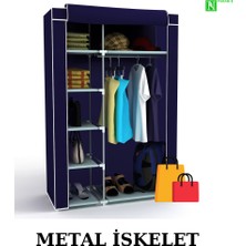 Beyaz Pazar Bez Dolap Metal Iskelet Fermuarlı Tyr Portatif Gardırop Lacivert