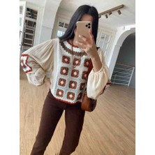 Melek Kostak Kadın Bej Vintage Kroşe Örgü Detaylı Ekru Keten Bluz