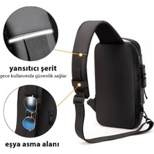 Gölge Unisex Siyah Suya Dayanıklı Suni Deri USB Çıkışlı Çapraz Omuz ve Göğüs Çantası