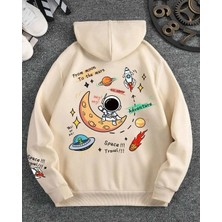 Belabre Oversize Unisex From Moom Baskılı Bej Kapüşonlu Sweatshirt