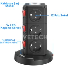 Vetech Akım Korumalı Priz Kablosuz Şarj Istasyonu 12X Priz / 1x USB / 2x Type-C Girişli 1.8mt Kablo